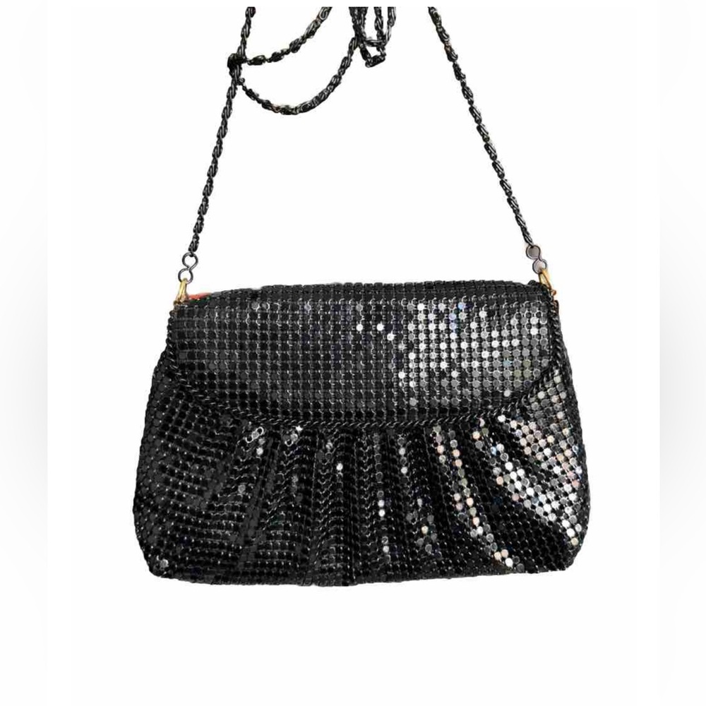 Vintage Look Black Metal Mesh Crossbody Flap Purse Clutch Bag Chain Strap Lined